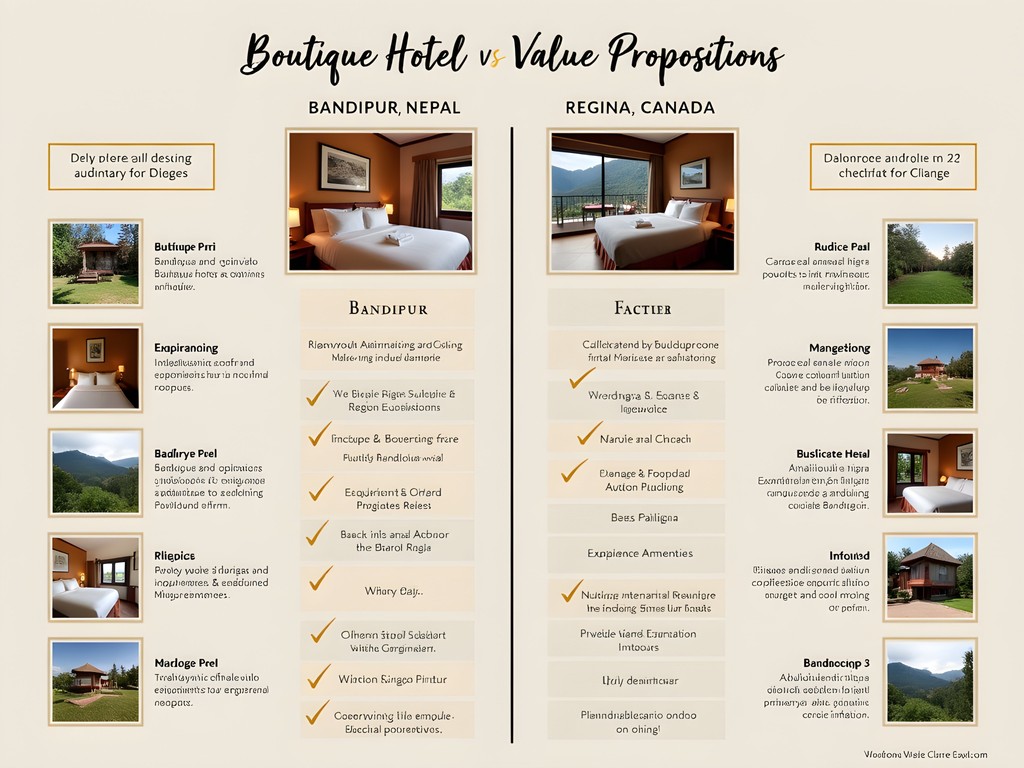 Infographic comparing boutique hotel value propositions between Bandipur, Nepal and Regina, Canada