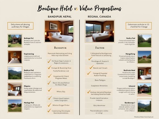 Infographic comparing boutique hotel value propositions between Bandipur, Nepal and Regina, Canada