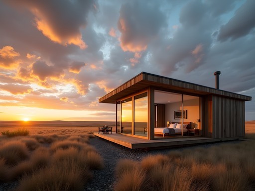 Modern boutique hotel cabin with floor-to-ceiling windows overlooking Saskatchewan prairie landscape at sunset
