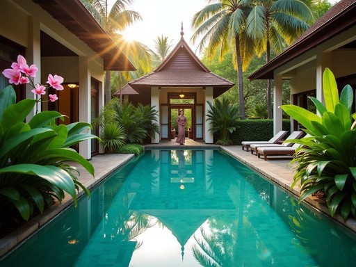 Lush tropical garden and swimming pool at Ariyasom Villa boutique hotel in Bangkok