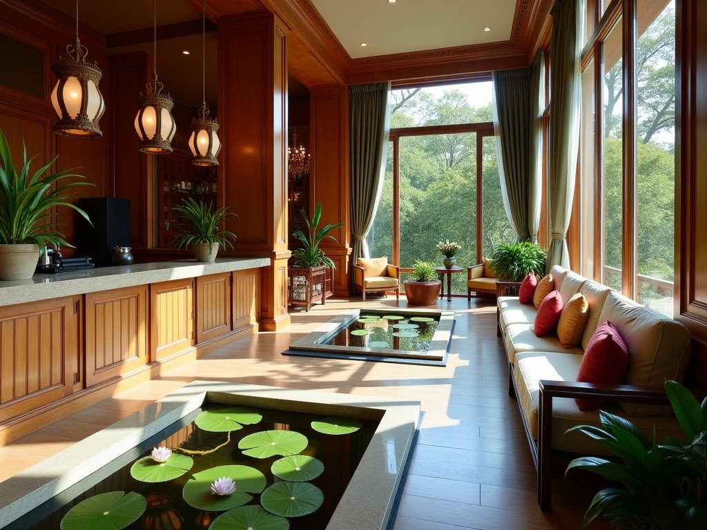 Stylish boutique hotel lobby in Bangkok with traditional Thai elements contrasting with modern design