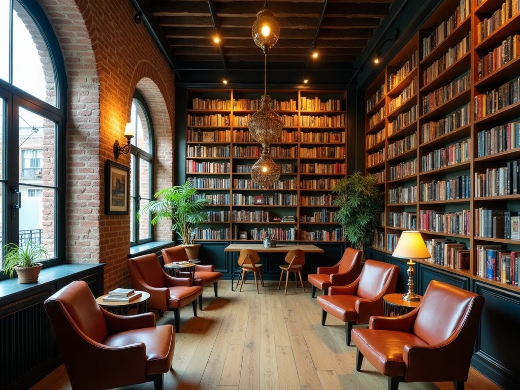 Vintage library lounge with bookshelves and printing press artifacts at Bangkok Publishing Residence boutique hotel