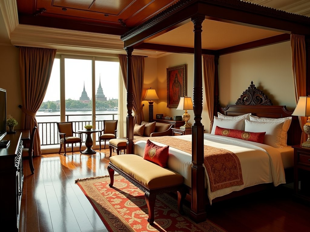 Elegant river view suite at Chakrabongse Villas with traditional Thai decor and view of Wat Arun temple across the Chao Phraya River