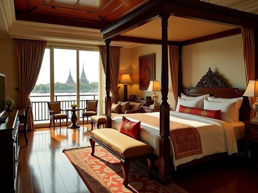 Elegant river view suite at Chakrabongse Villas with traditional Thai decor and view of Wat Arun temple across the Chao Phraya River