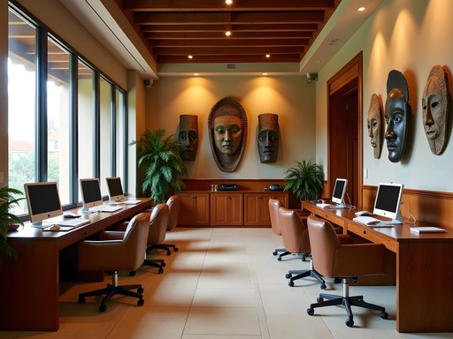 Professional business center at Hotel Carmen in Bata with modern workstations and traditional Equatoguinean artwork