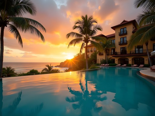 Sunset view from Hotel Tropicana's infinity pool overlooking the Atlantic Ocean in Bata
