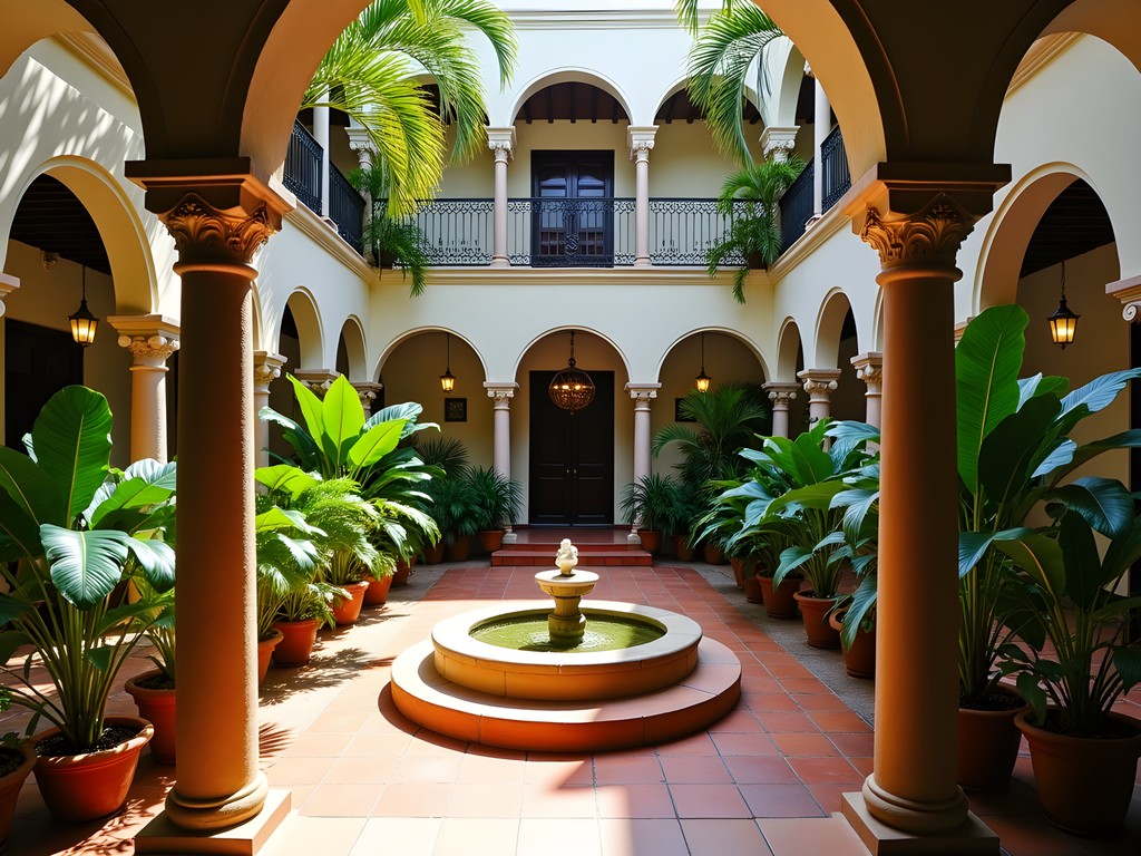 Lush tropical courtyard of La Casa Rosada boutique hotel featuring Spanish colonial architecture and local artwork