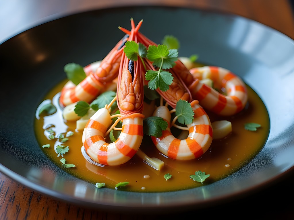 Elegant seafood presentation at Oceano restaurant in Hotel Tropicana featuring local Bata ingredients with Spanish influence