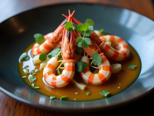 Elegant seafood presentation at Oceano restaurant in Hotel Tropicana featuring local Bata ingredients with Spanish influence