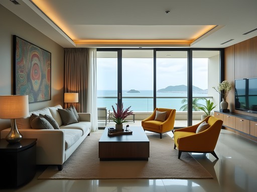 Modern apartment interior at Residencial Bahia with floor-to-ceiling windows overlooking the Gulf of Guinea