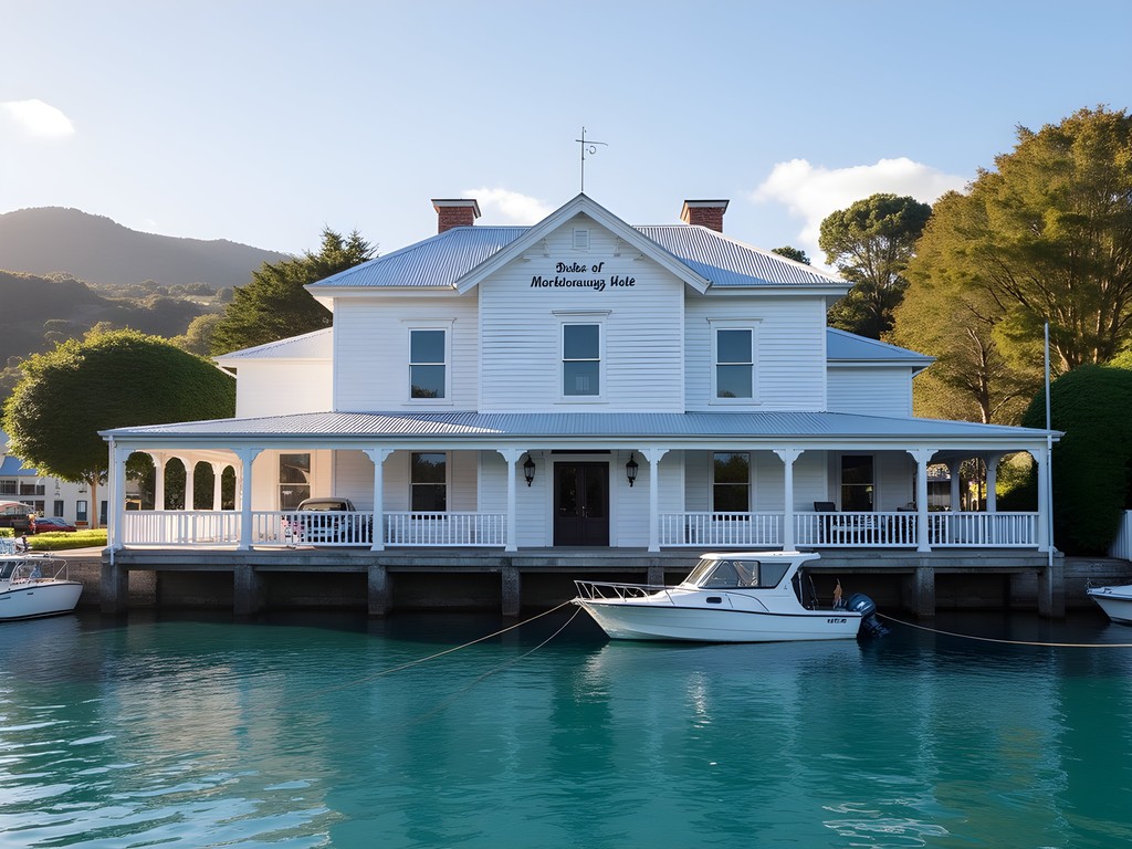 Historic Duke of Marlborough Hotel on Russell waterfront with view of Bay of Islands harbor