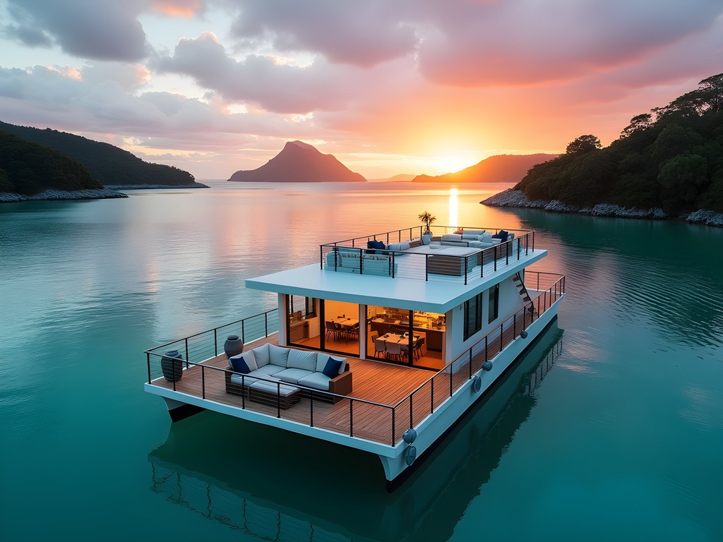 Rooftop deck of Houseboat Haven accommodation with panoramic Bay of Islands sunset view
