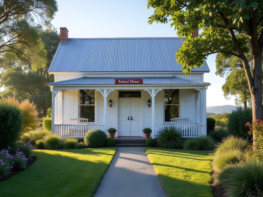 Restored 1930s schoolhouse accommodation with heritage garden in morning light, Bay of Islands