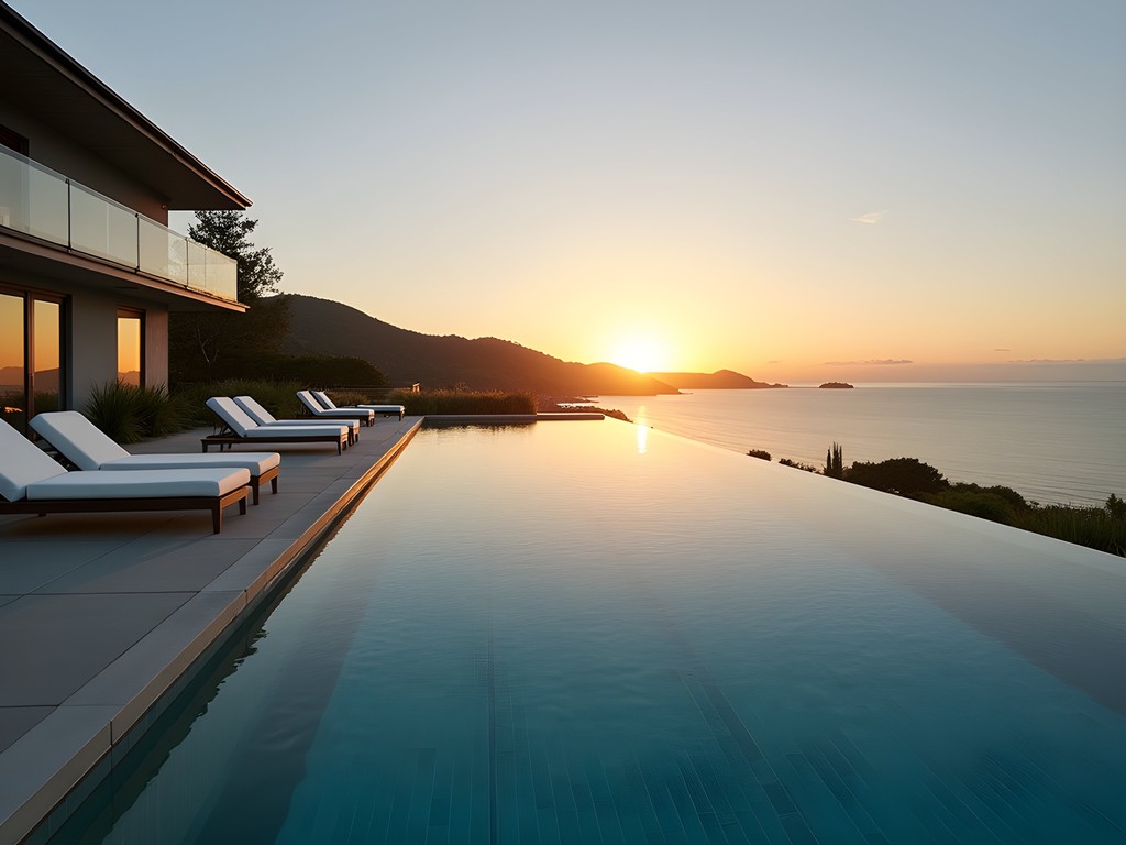 Infinity pool at Paihia Beach Resort overlooking Bay of Islands at sunset