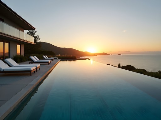 Infinity pool at Paihia Beach Resort overlooking Bay of Islands at sunset