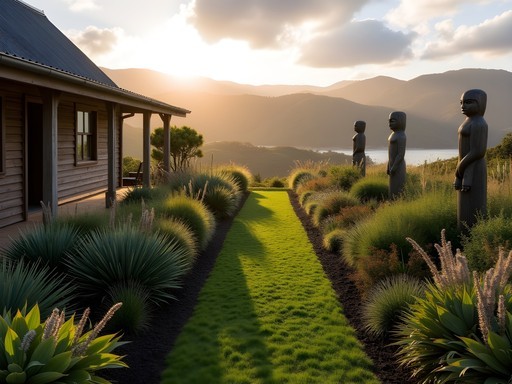 Traditional Māori medicinal garden at Heritage Homestead with Bay of Islands landscape in background