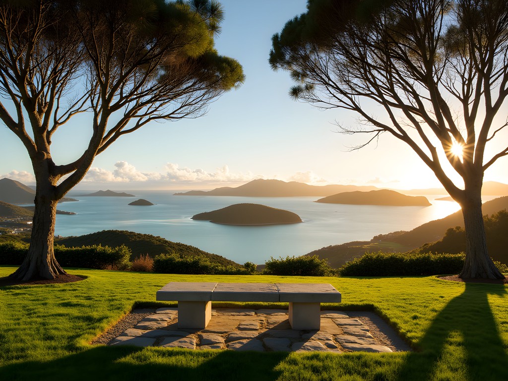 Contemplative viewing point overlooking Bay of Islands with strategic seating placement