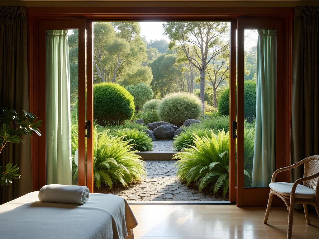 Kauri Cliffs spa treatment room opening to private native forest garden