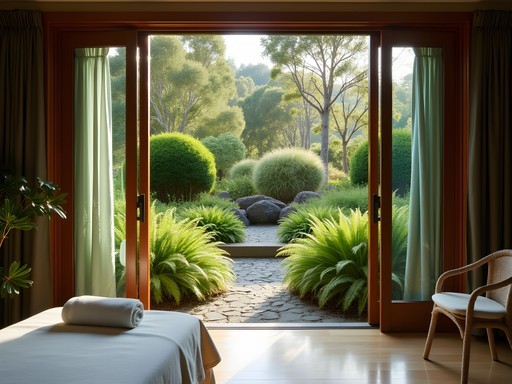 Kauri Cliffs spa treatment room opening to private native forest garden