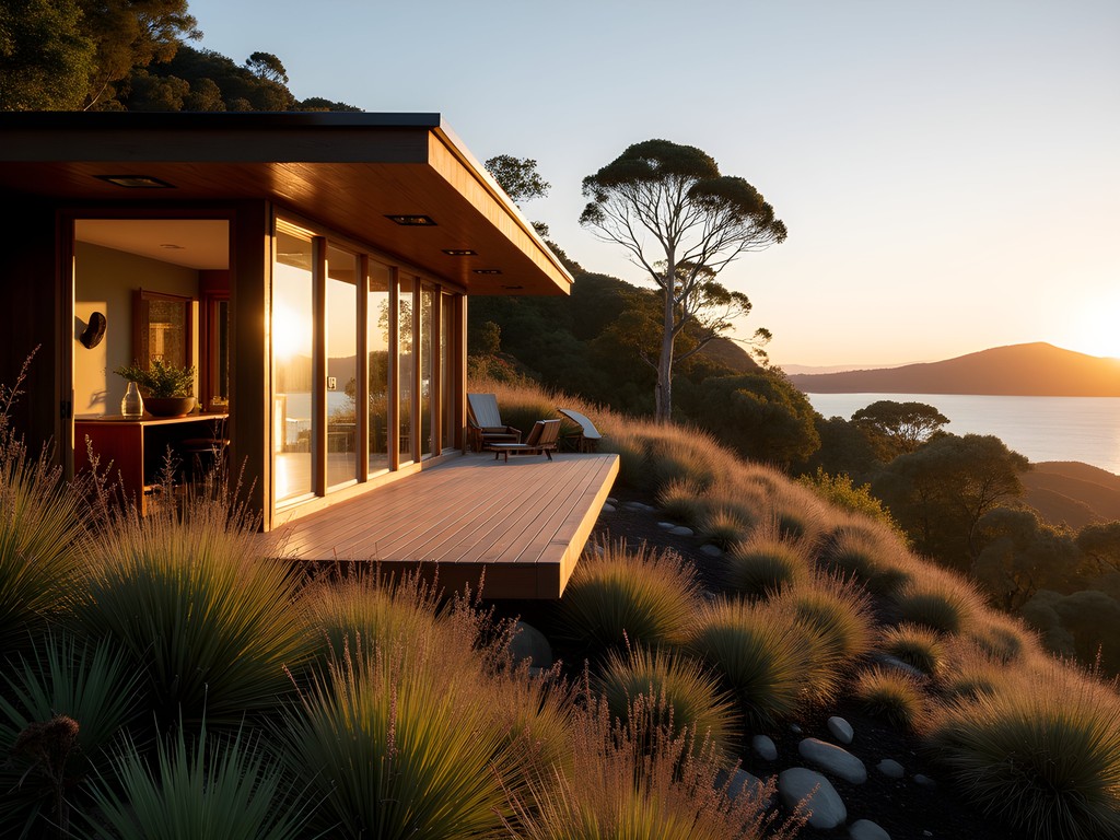 The Cooper Residence at The Landing with morning light illuminating native gardens and Bay of Islands vista