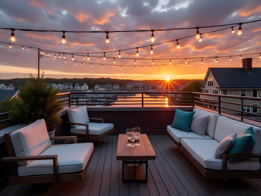 Sunset view from the rooftop deck at The Shipbuilder's Loft in Biddeford Maine