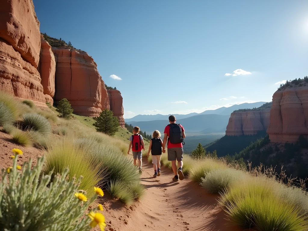 Family hiking along Billings Rimrocks in Zimmerman Park with mountain views