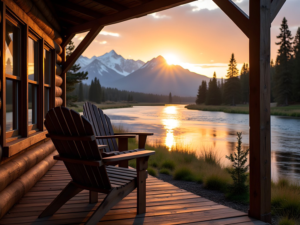 Sunset view of mountains from Yellowstone River Lodge cabin porch