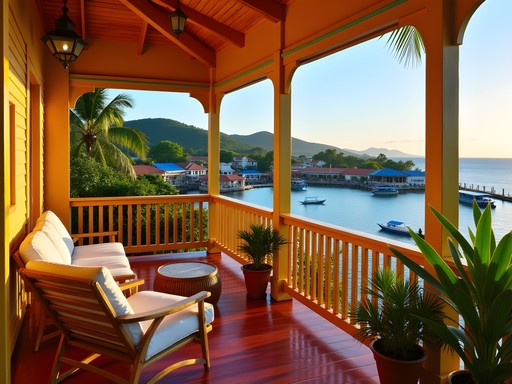 Colorful boutique hotel balcony overlooking Bocas Town and Caribbean Sea