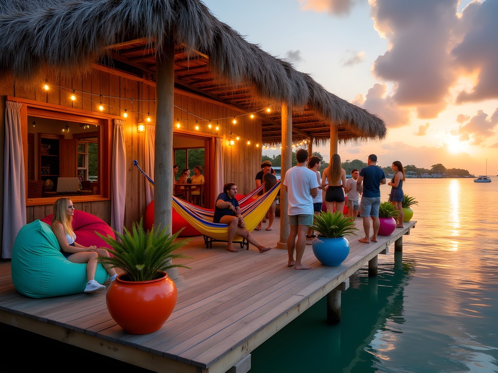 Vibrant budget hostel waterfront deck with hammocks and social atmosphere in Bocas del Toro