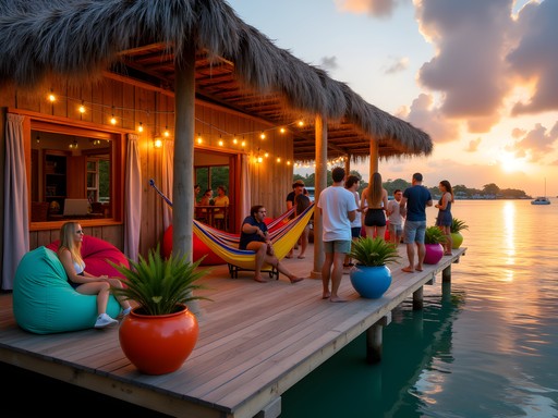 Vibrant budget hostel waterfront deck with hammocks and social atmosphere in Bocas del Toro