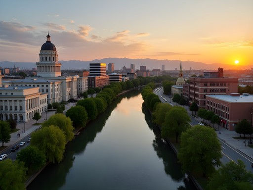 Boise downtown skyline at sunset with Idaho State Capitol building