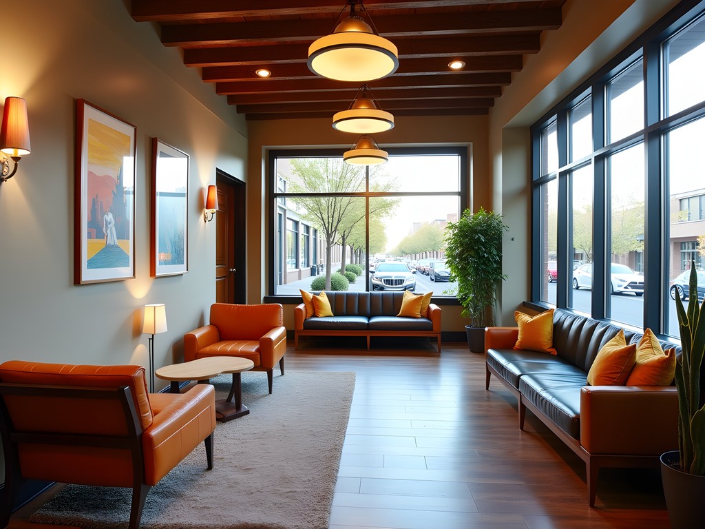 Stylish mid-century modern hotel lobby with local artwork in Boise
