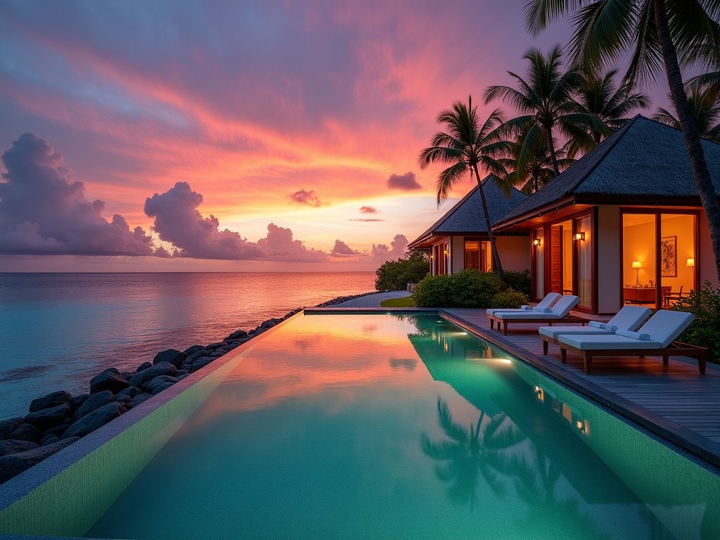 Luxury beach villa with private infinity pool overlooking Bora Bora lagoon at sunset