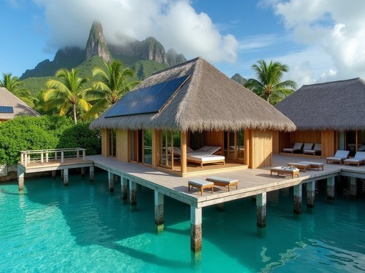 Luxury eco-resort in Bora Bora with discreet solar panel integration and sustainable design