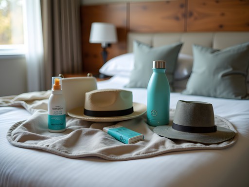 Essential travel items for a Boulder City hotel stay including water bottle, hat, and sunscreen