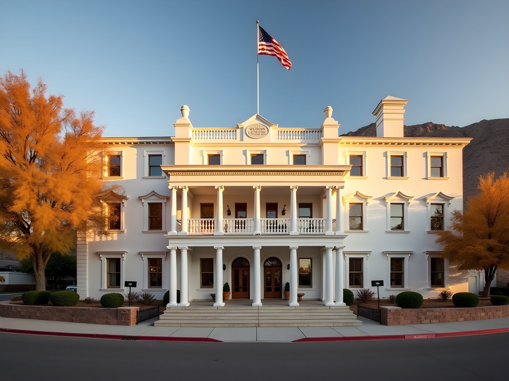 Historic Boulder Dam Hotel exterior with white colonial-revival architecture