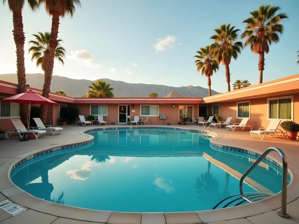 Retro kidney-shaped pool at El Rancho Boulder Motel with mountain views