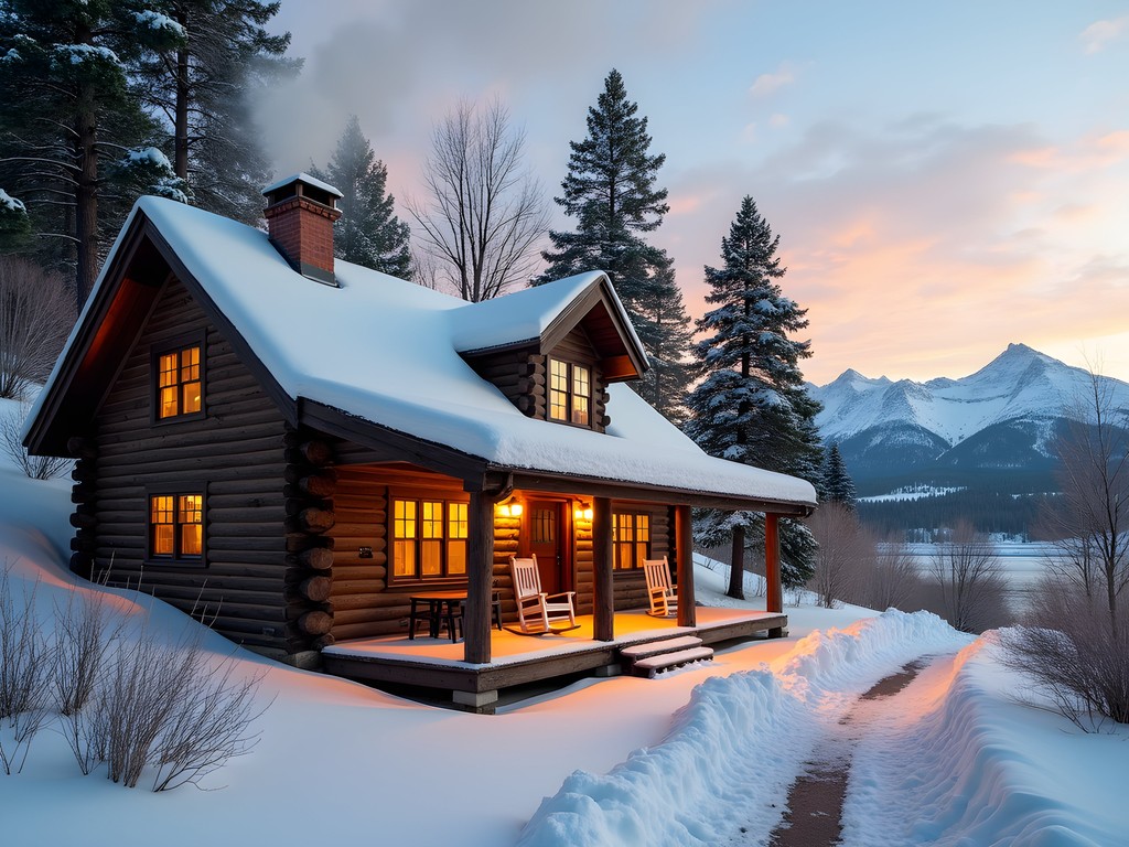Historic log cabin with snow at 320 Guest Ranch with Gallatin River and mountains in background