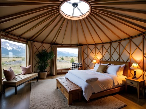 Luxury yurt interior at Bodhi Farms with mountain views through large windows