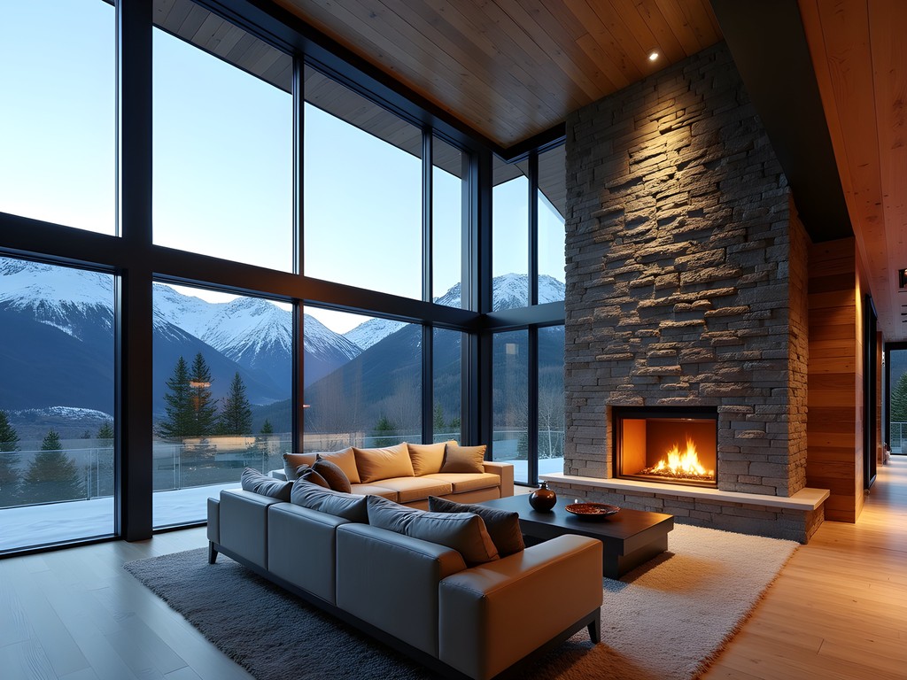 Modern luxury chalet interior with floor-to-ceiling windows framing Gallatin Range mountains