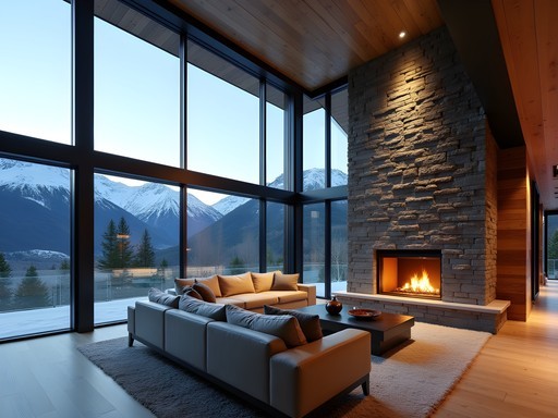 Modern luxury chalet interior with floor-to-ceiling windows framing Gallatin Range mountains
