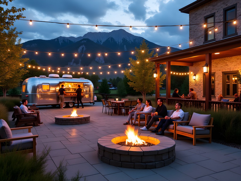 The Lark Bozeman hotel courtyard with fire pits and mountain views at dusk