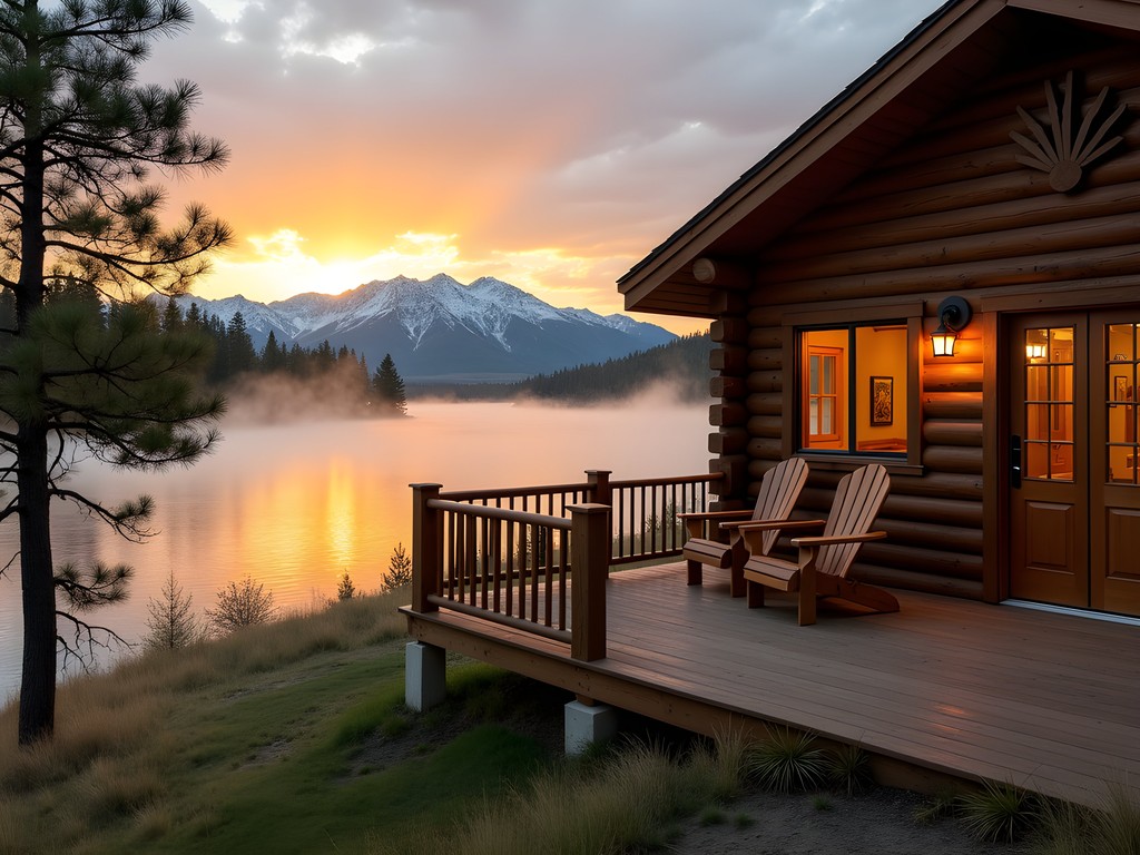 Sage Lodge luxury cabin with Yellowstone River and mountain sunrise view