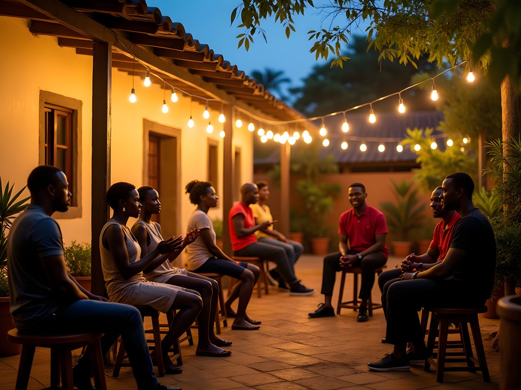Evening gathering in a traditional guesthouse courtyard in Brazzaville's Poto-Poto district