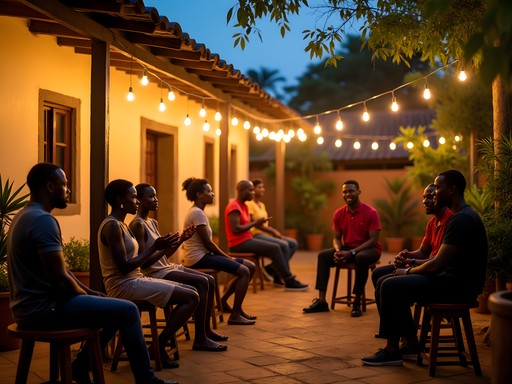 Evening gathering in a traditional guesthouse courtyard in Brazzaville's Poto-Poto district