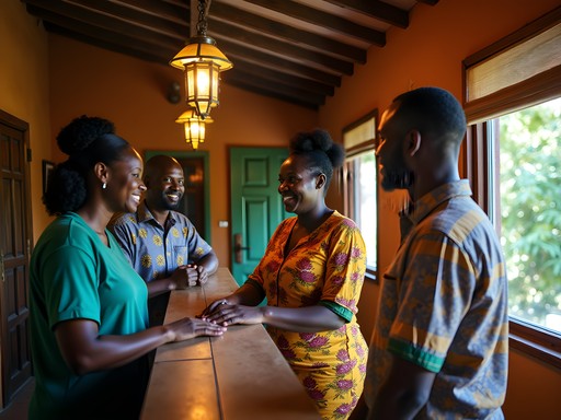 Traditional welcome at a Brazzaville guesthouse with local staff and decor