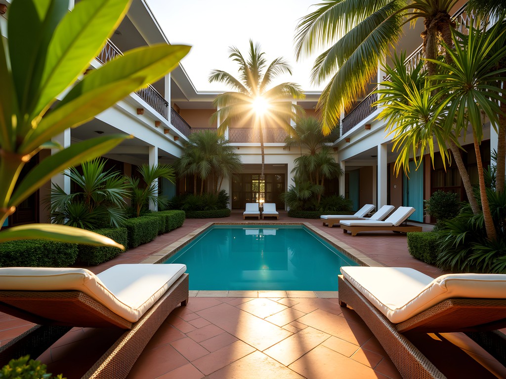 Small swimming pool surrounded by tropical gardens at Brikama Garden Hotel, Gambia