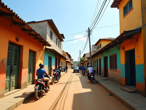 Colorful street scene in Brikama, Gambia, showing local architecture and daily life