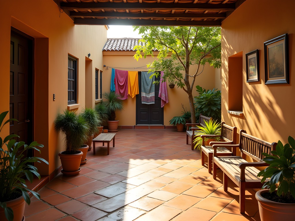 Traditional courtyard at Jallow Family Guesthouse in Brikama with potted plants and colorful textiles