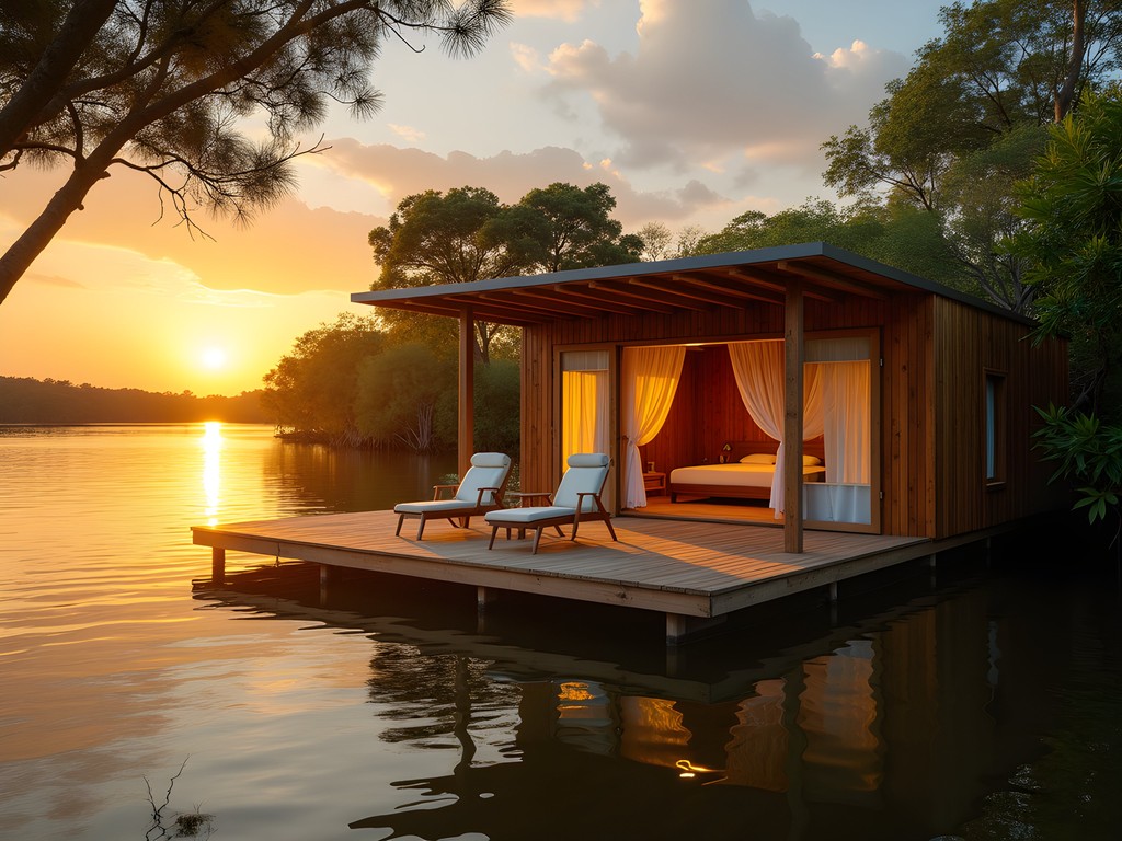 Floating eco-lodge cabin on the river at sunset in Brikama region, Gambia